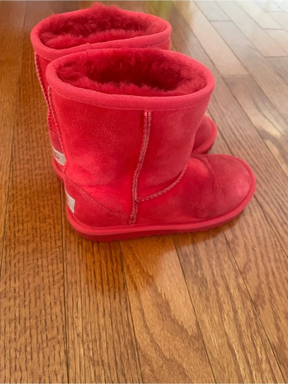 UGG Red Suede Short Shearling Boots Size 12- see photos of discoloration